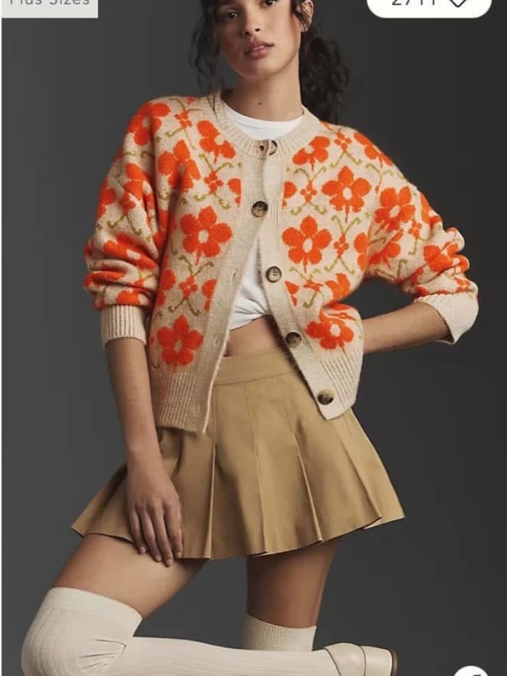 Anthropologie Beige Cardigan with Orange Floral Pattern